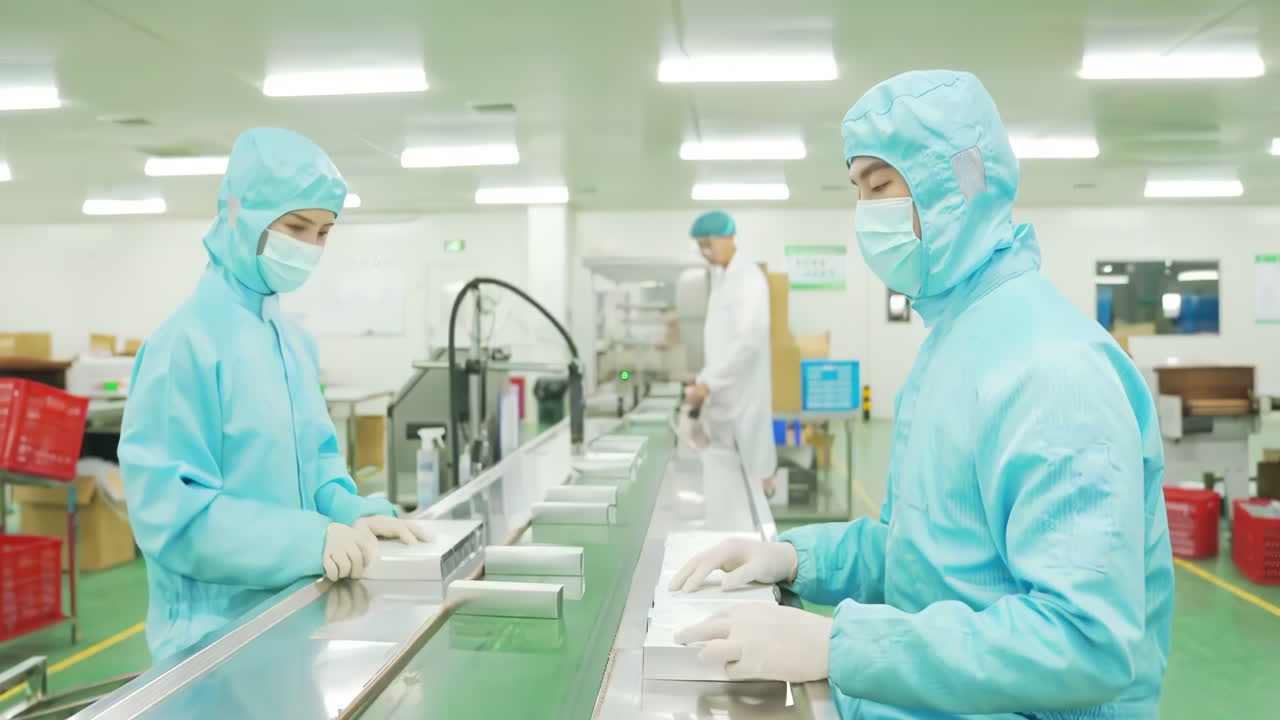 Trabajadores de fábrica empaquetando productos en sala limpia en línea de montaje