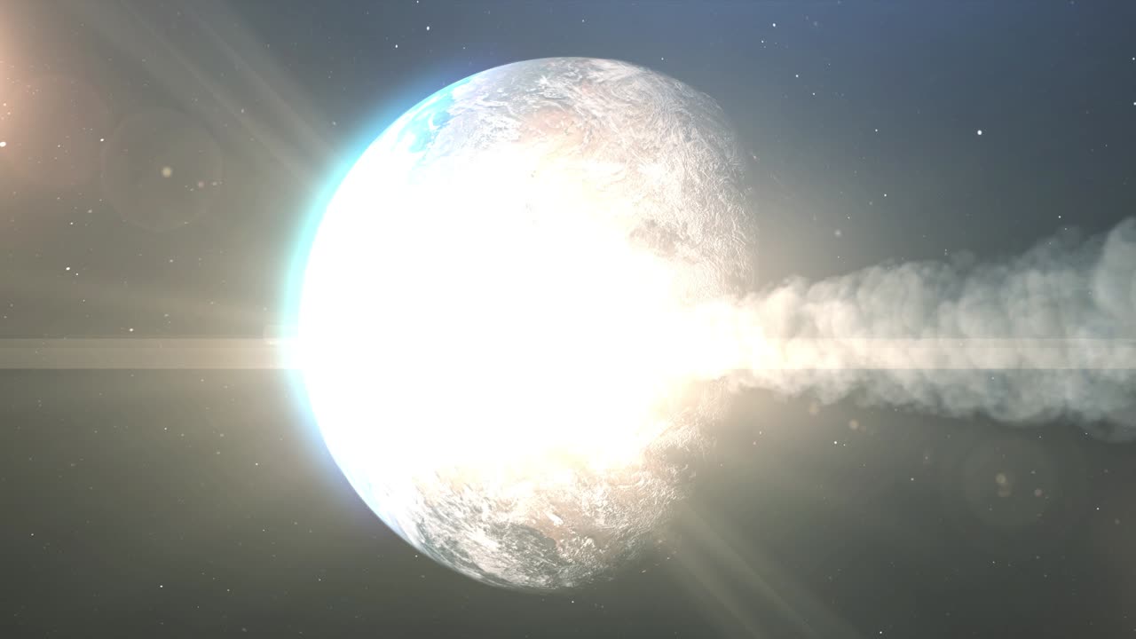 큰 소행성이 지구에 부히며 거대한 폭발을 일으켰습니다.