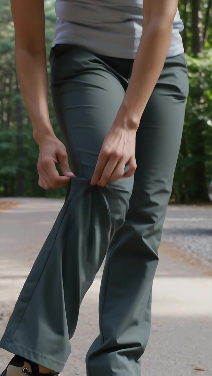 Video verticale: Donna che guarda in basso, si china e ispeziona pantaloni color oliva per aggiustare l'orlo su un sentiero pavimentato