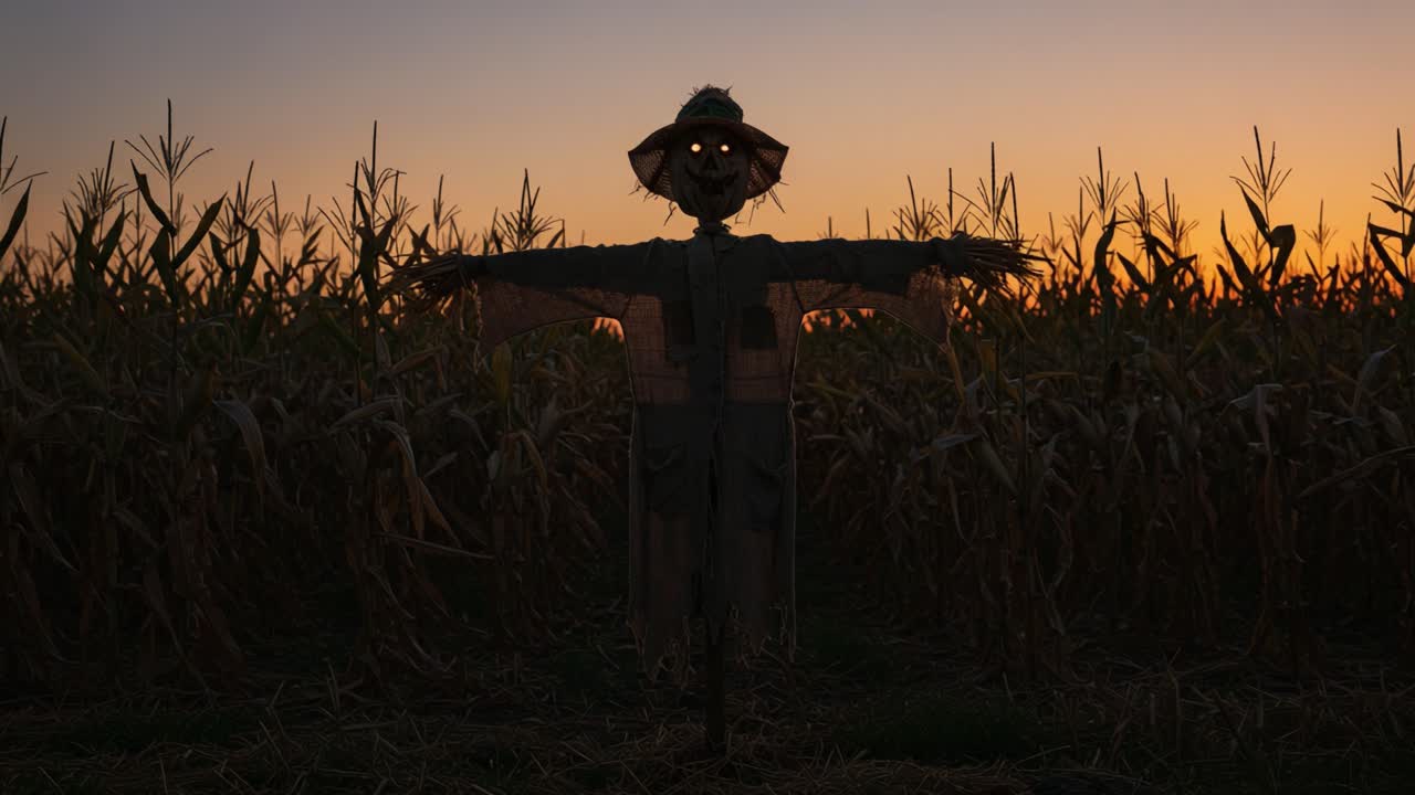 A Mysterious Scarecrow Stands Alone in a Cornfield at Dusk, Its Illuminated Eyes Glowing Against the Silhouetted Crop, Evoking an Enigmatic Atmosphere of Nature and Harvest