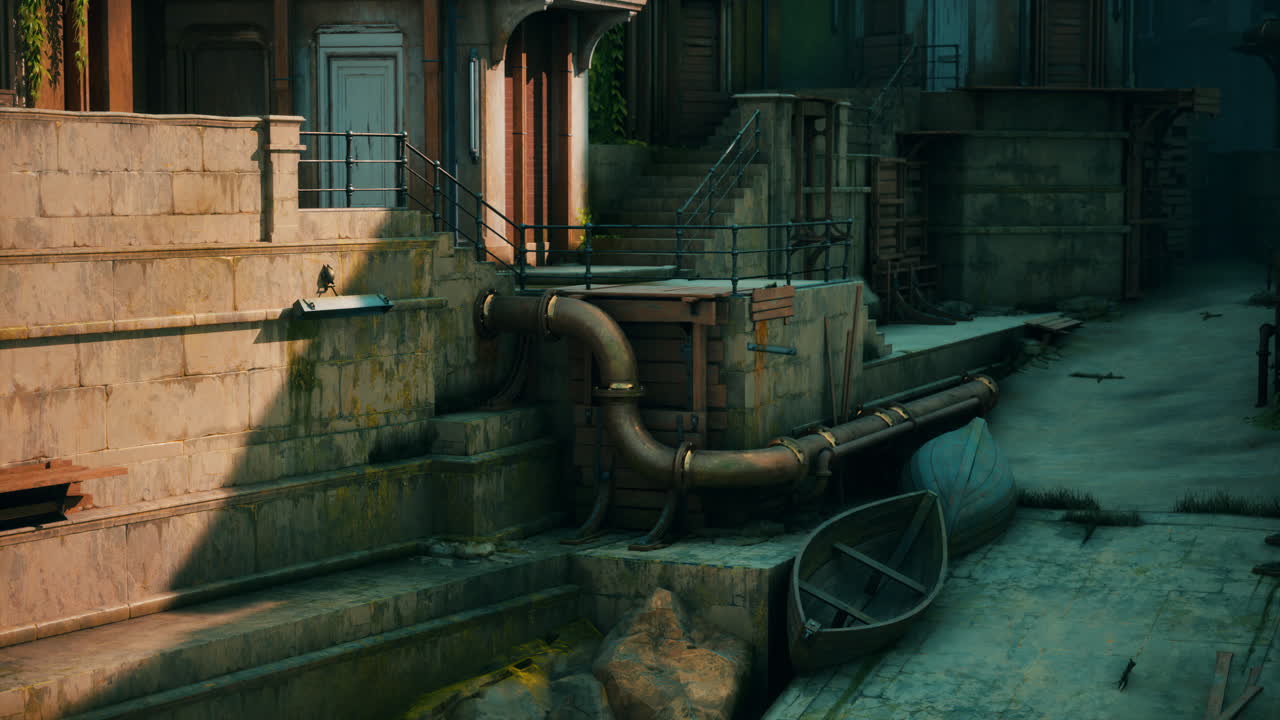 이른 아침에 오래된 작은 도시에 있는 오래된  ⁇ 시 항구