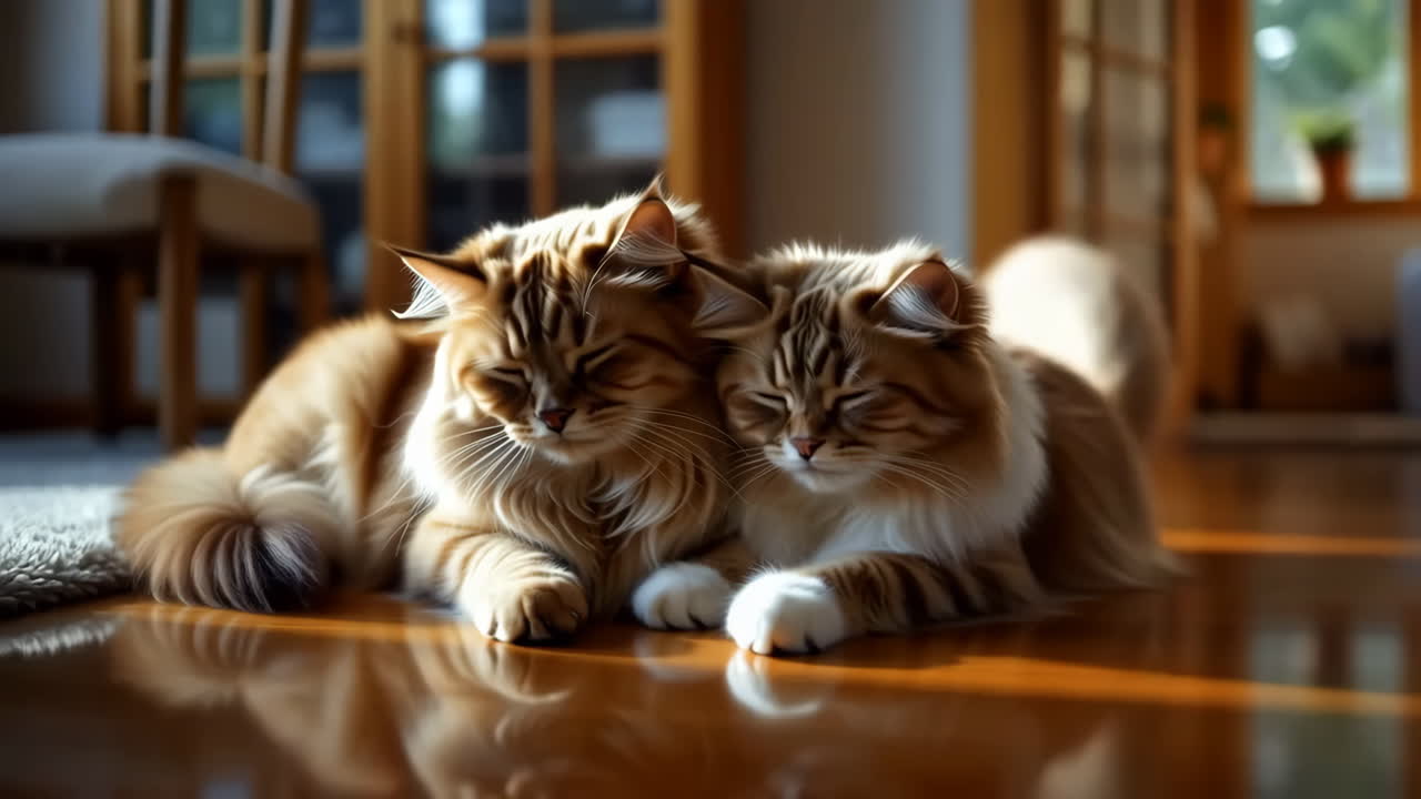 Two adorable cats resting indoors