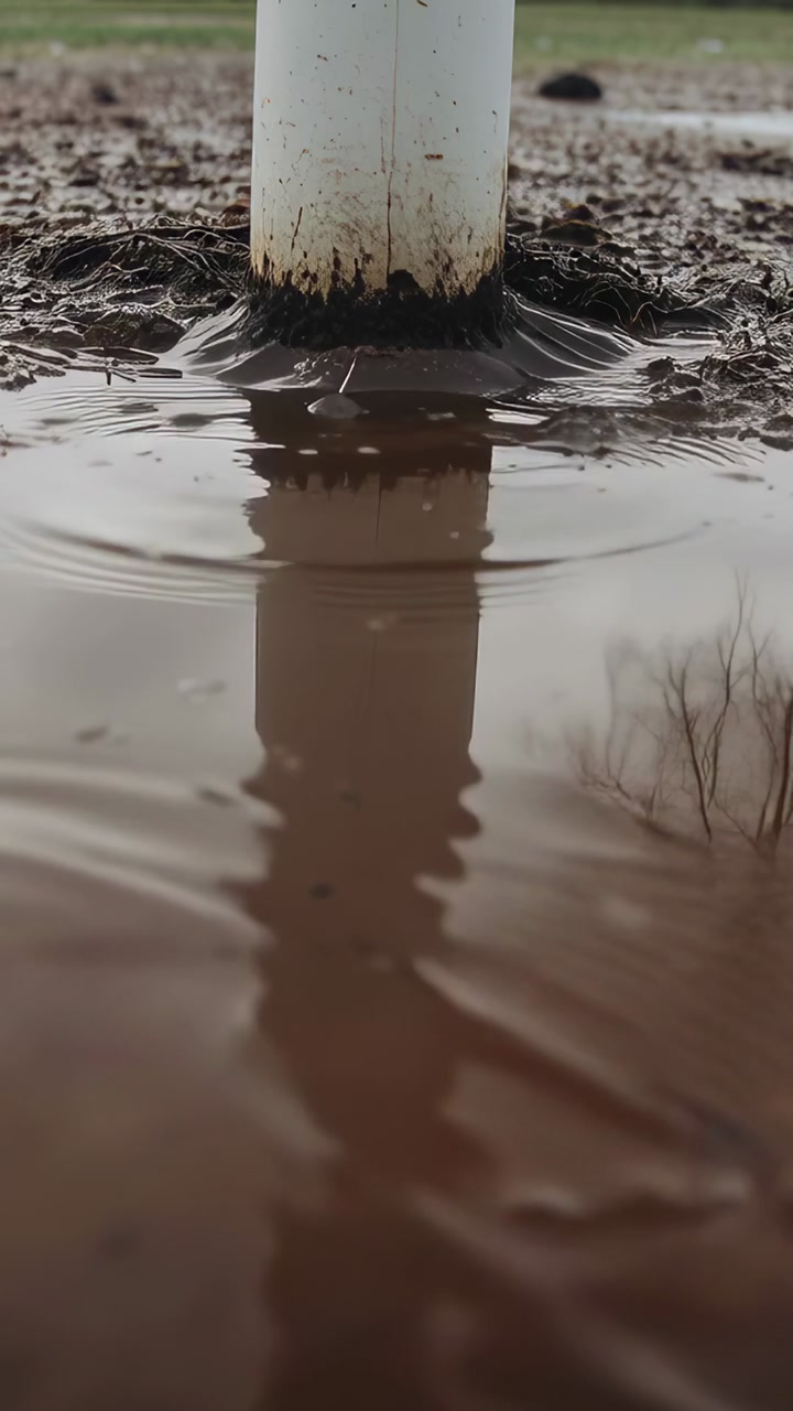 Droplet striking mud puddle, post reflecting, ripples spreading and warping mirror to show impact