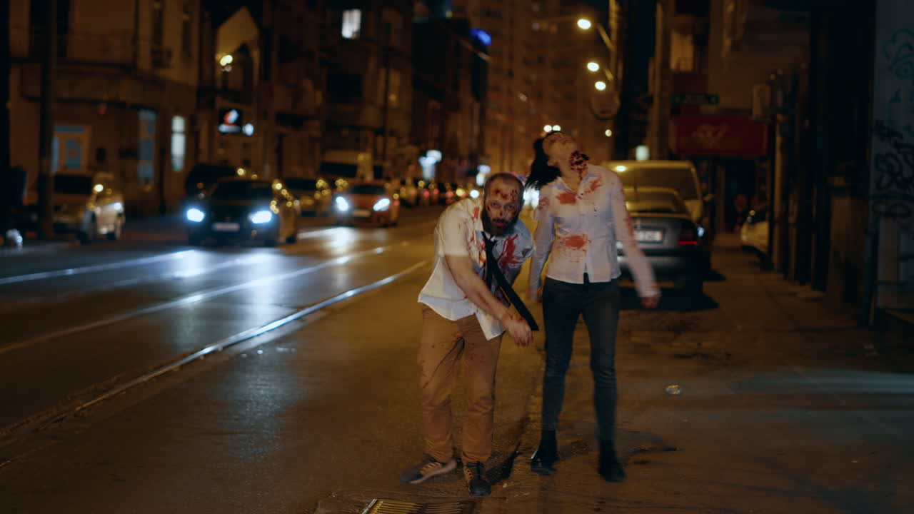Scary looking office zombies roaming on sidewalks of city at night
