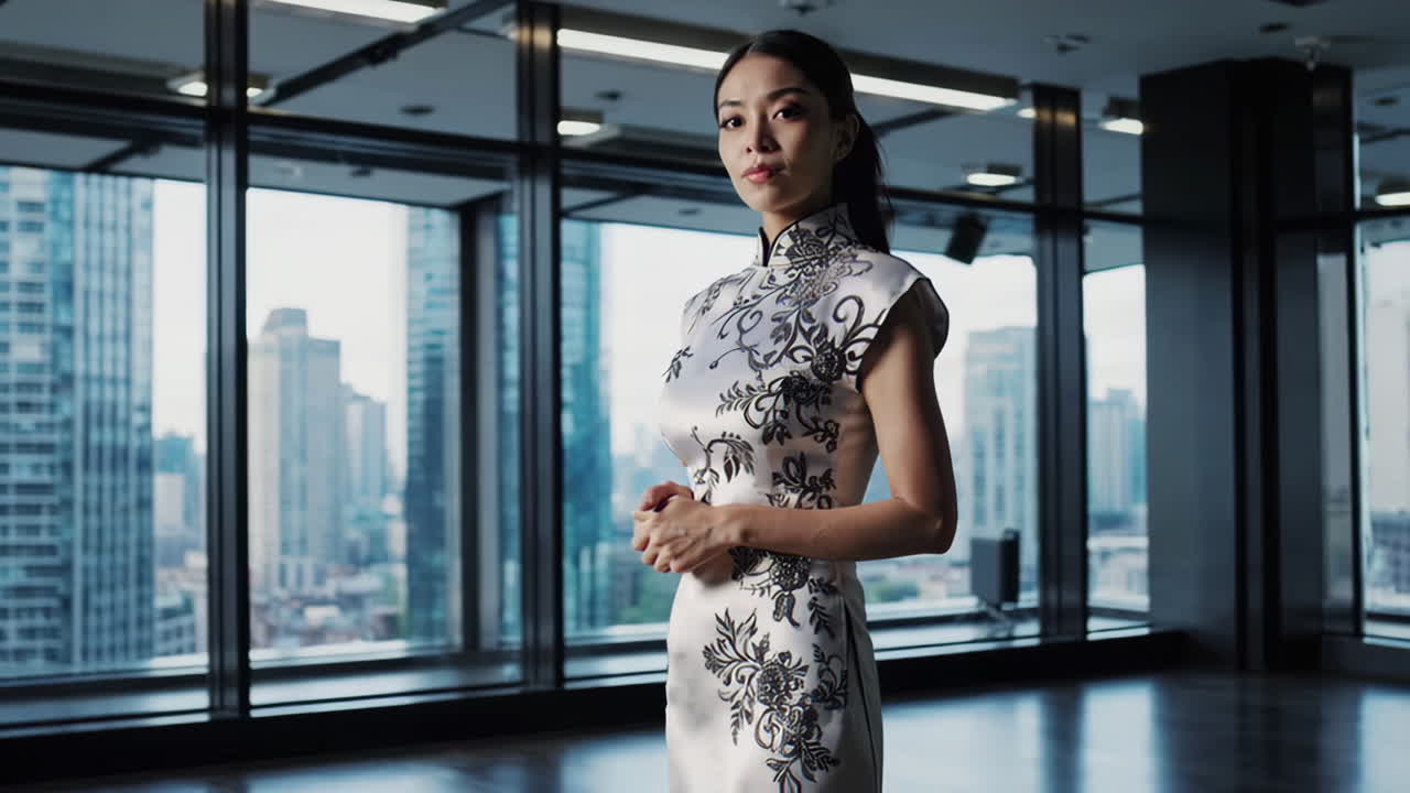Asian Woman in Traditional Cheongsam in Modern Office Setting