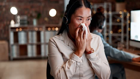 Sick-woman,-call-center-and-tissue-for-nose