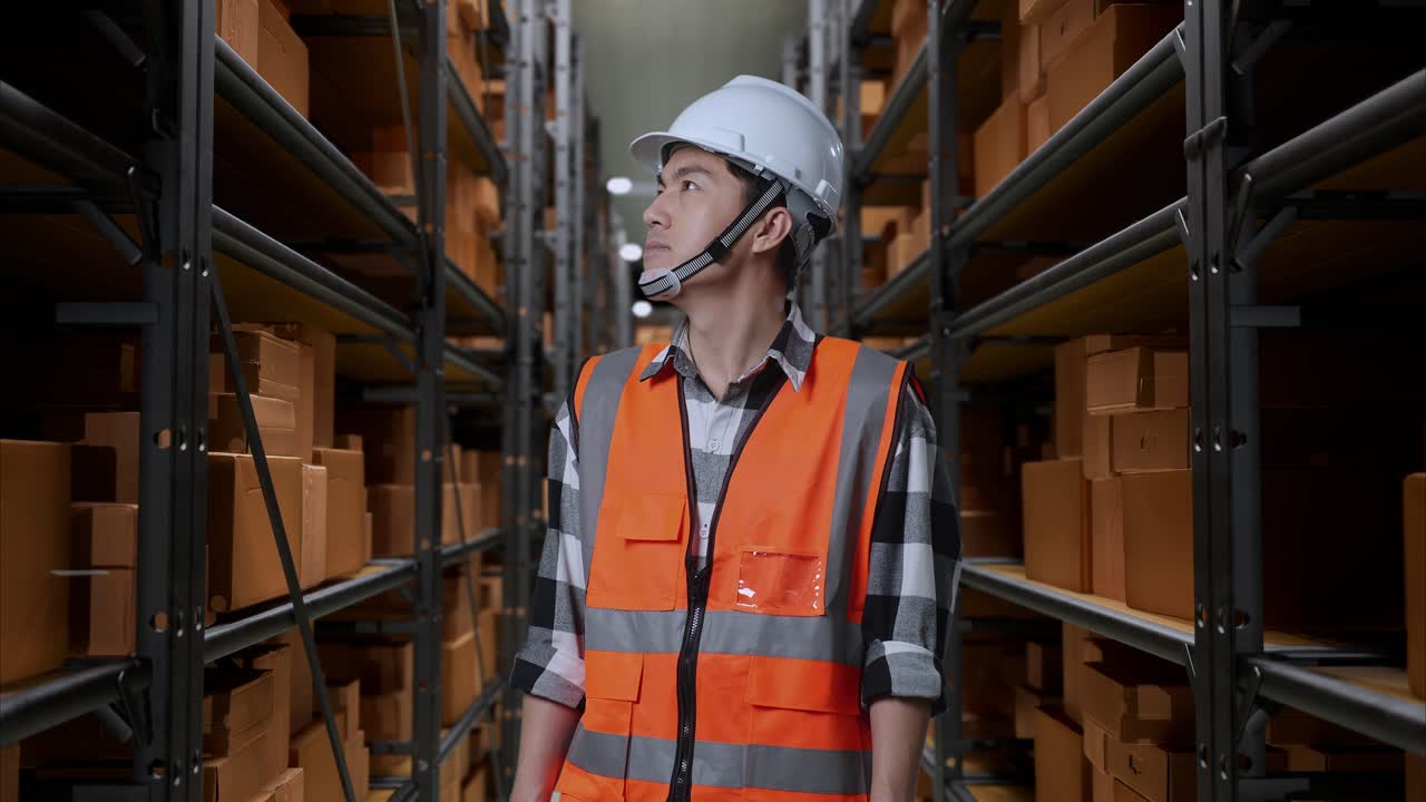 ingeniero masculino asiático con casco de seguridad de pie en el almacén con estantes llenos de mercancías de entrega. mirando a su alrededor, comprobando el stock en los estantes