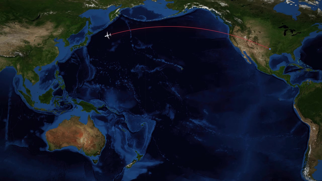 Satellite world map animation tracks a plane flying from Dallas to Guangzhou over Pacific