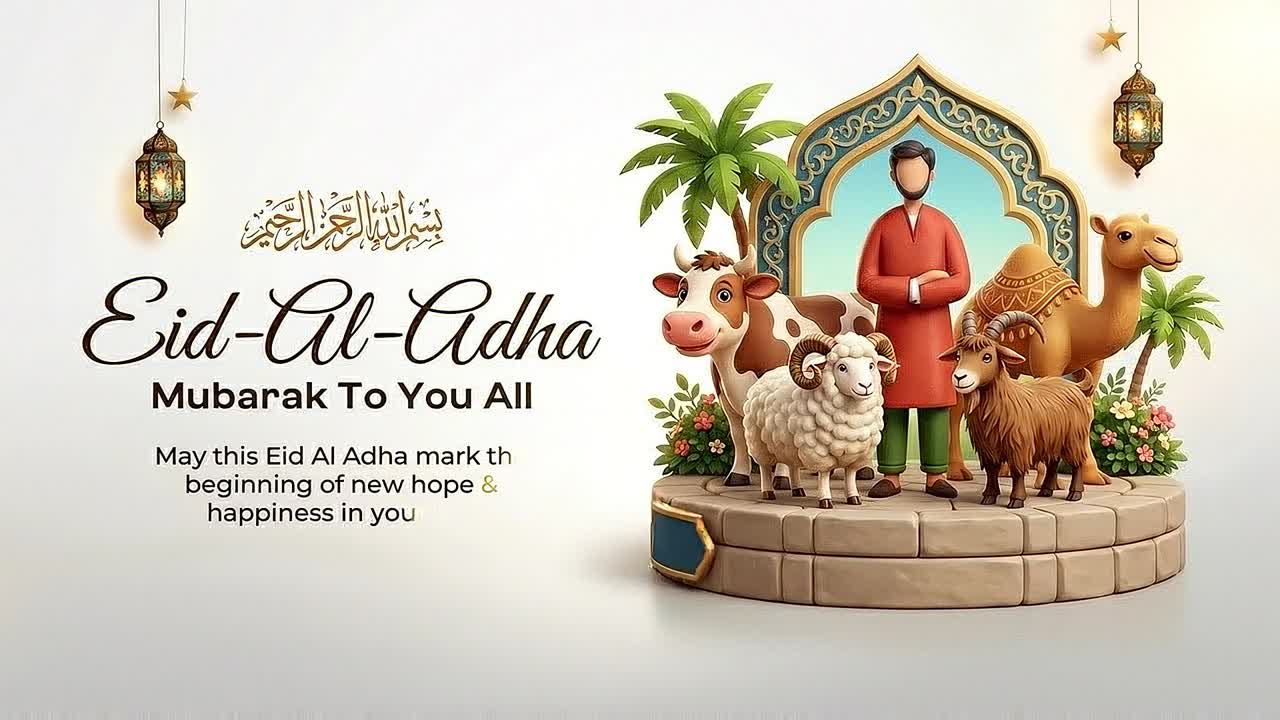 Animazione banner per la celebrazione dell'Eid al-Adha con animali sacrificali e uomo tradizionale accanto a un arco di moschea decorativo su sfondo ornamentale.