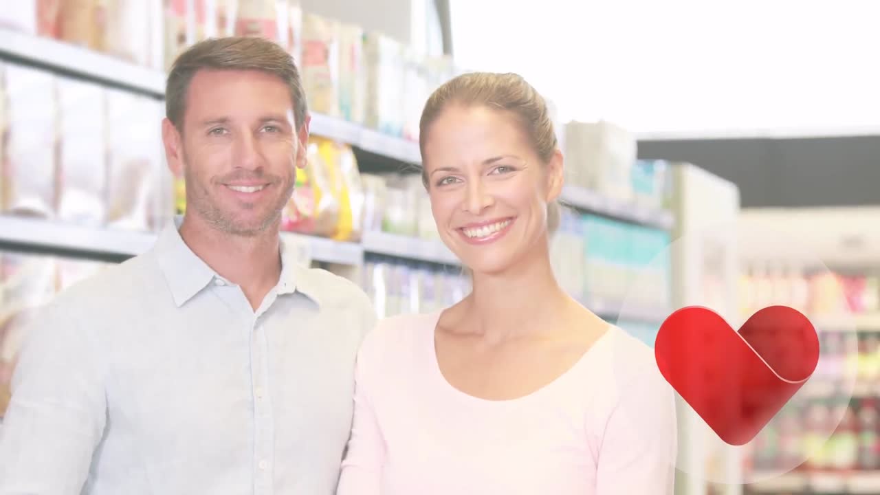 가게에 있는 백인 부부 위에 떨어지는 심장 아이콘의 애니메이션