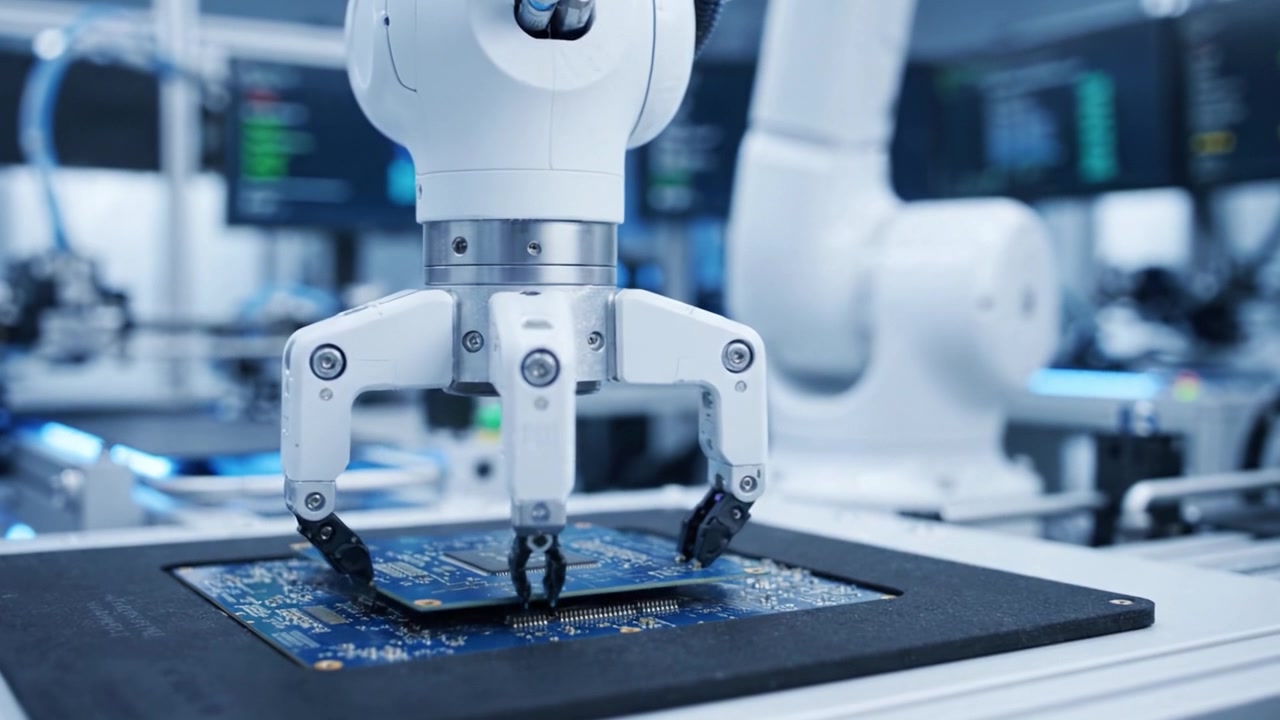 自動化された環境で回路基板を精密に扱う高度なロボットアーム。電子機器製造および組み立てプロセスにおける最先端技術を披露します。
