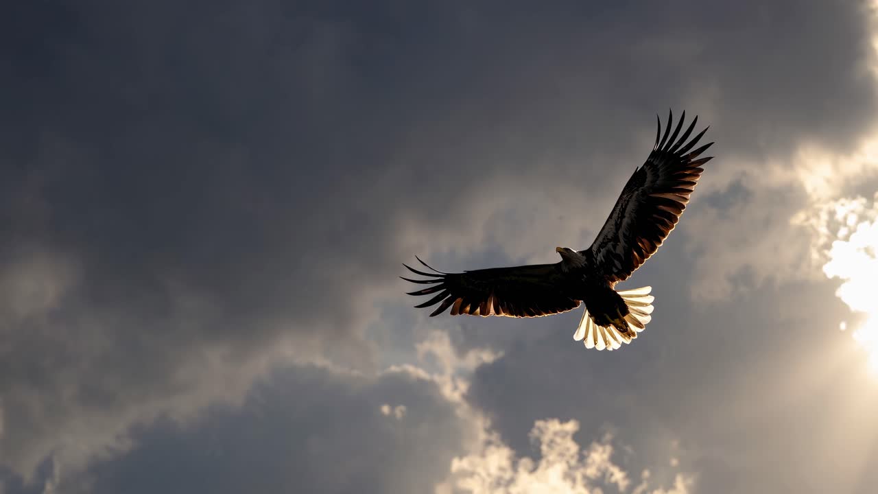 A majestic eagle soars against a dramatic cloudy sky, captured from a low-angle shot