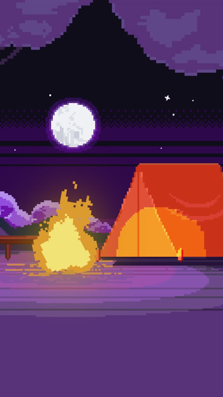 Scène de camping en Pixel Art de nuit