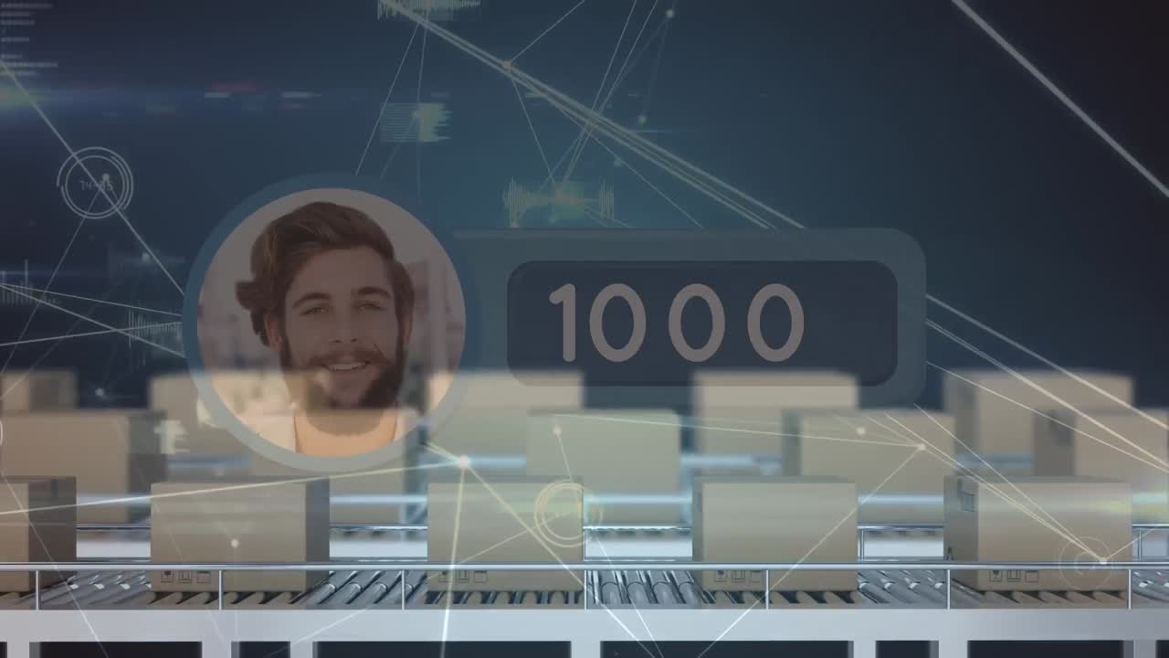 컨베이어 벨트에 있는 상자 위의 데이터 처리의 애니메이션