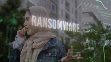 talking on phone, woman in hijab with ransomware animation over cityscape