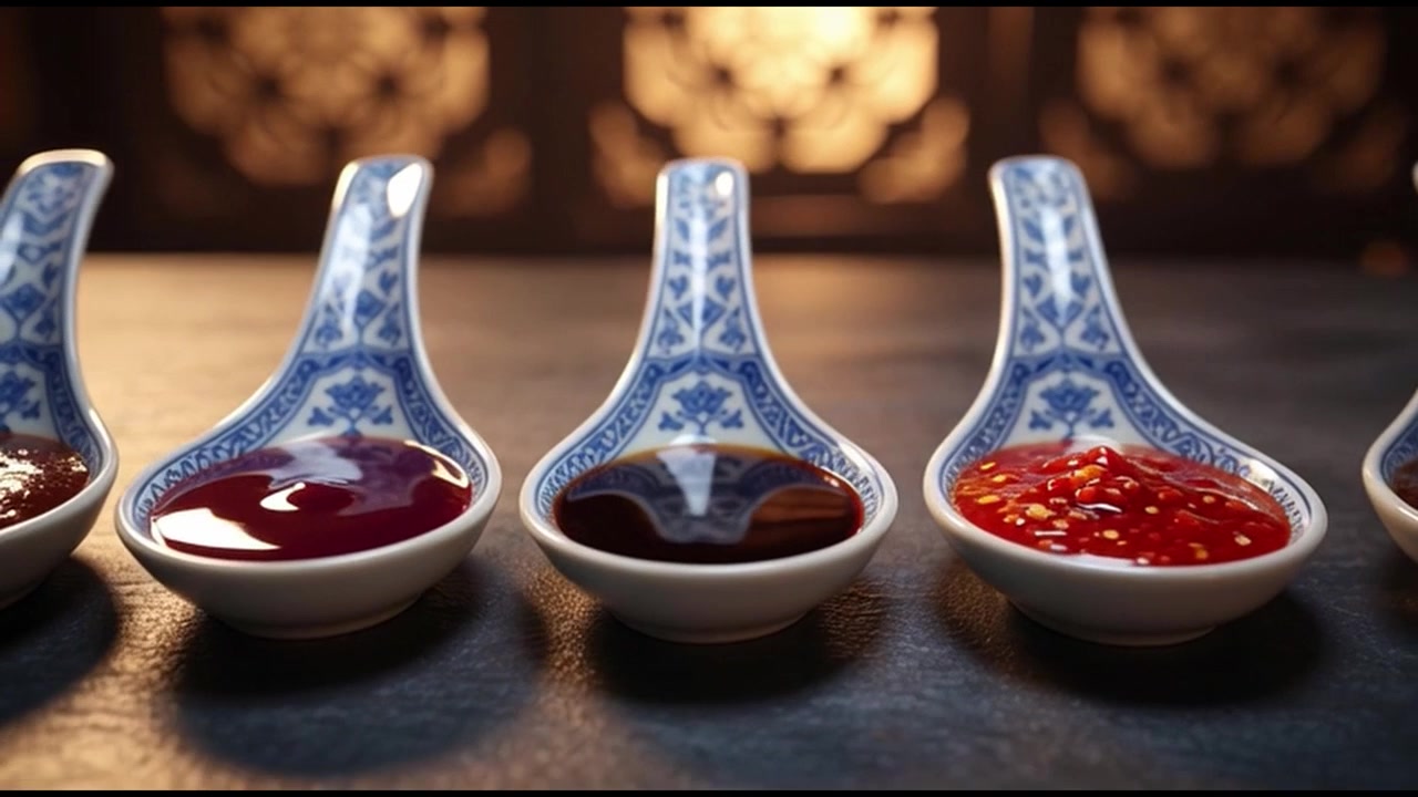 Assorted Asian Sauces in Decorative Ceramic Spoons