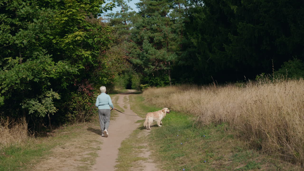 Elderly Woman Walking Dog on Path