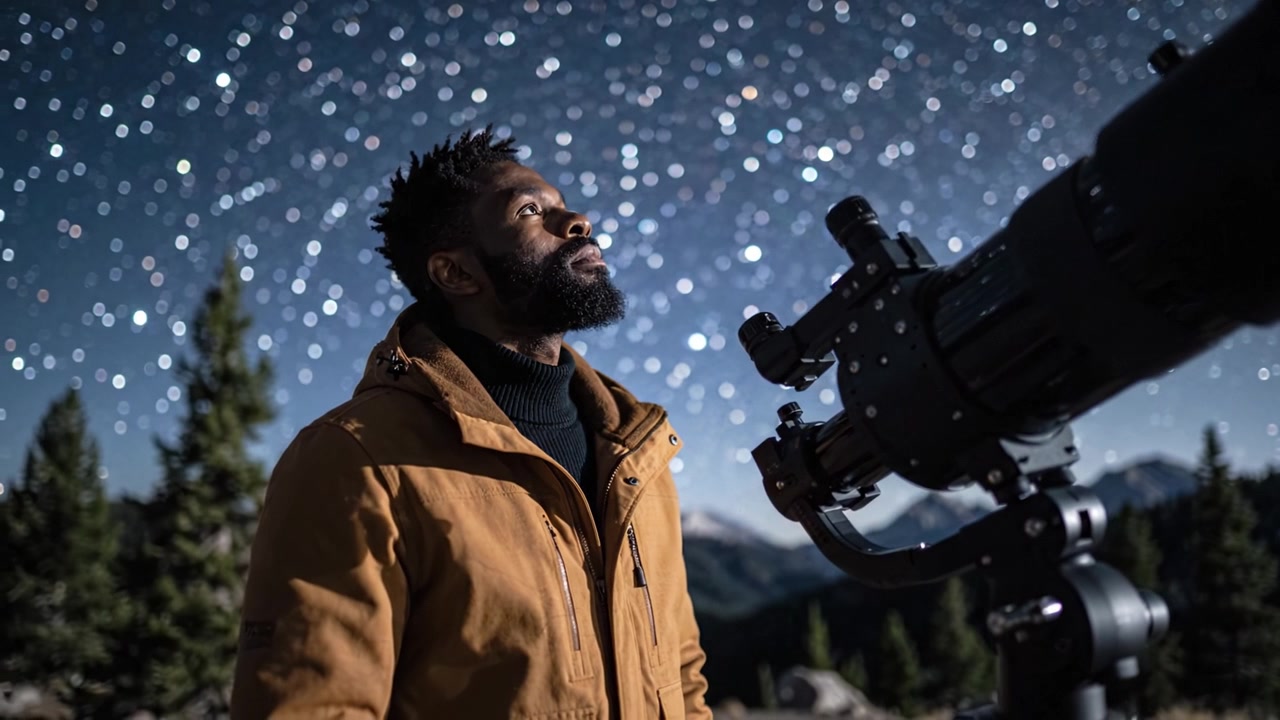 A Stargazer's Fascination: Exploring the Night Sky with a Telescope Under the Glowing Stars and Majestic Mountains in the Background
