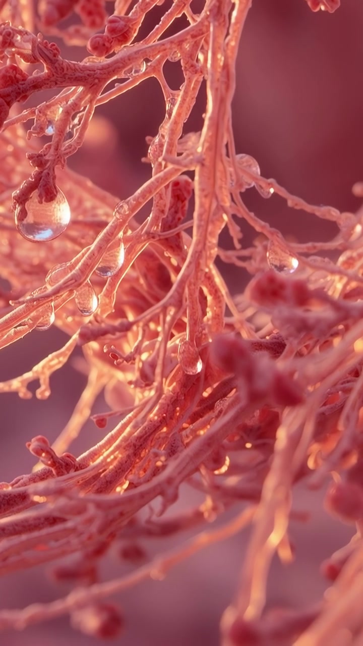 Vertical video: Shifting warm light revealing pink stems forming large hanging droplet in close-up