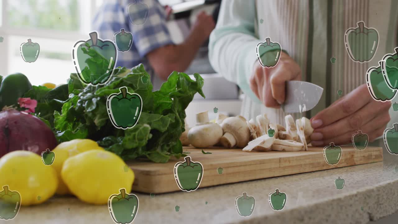 여성들이 요리를 하는 곳에서 종이가 떨어지는 애니메이션