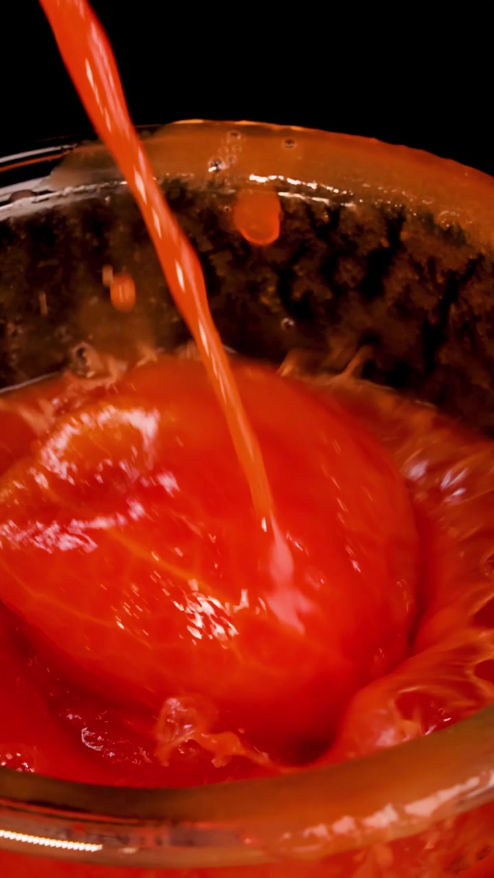 Un pomodoro intero pelato viene fatto cadere in una ciotola di vetro di salsa di pomodoro, creando uno schizzo vivace. Illuminazione da studio brillante, primo piano, sfondo nero.