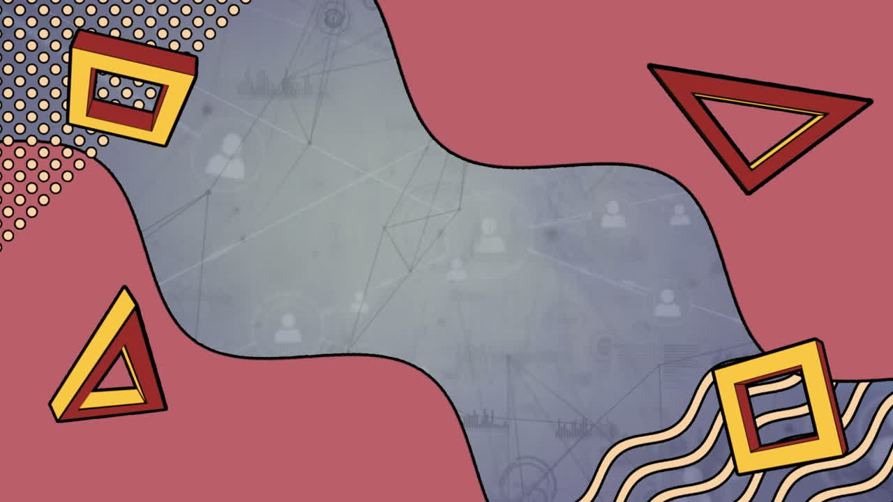 Animation of abstract figures, triangles and squares over network of connections