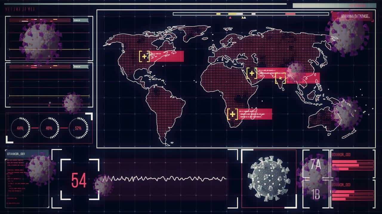 animación de células de virus y procesamiento de datos sobre el mapa del mundo