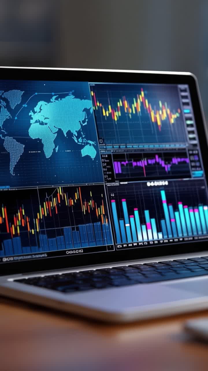Visualizzazione Dinamica di Dati Finanziari su Schermo Laptop che Mostra Grafici, Diagrammi e Informazioni Geografiche per l'Analisi di Mercato e Insight Decisionali.