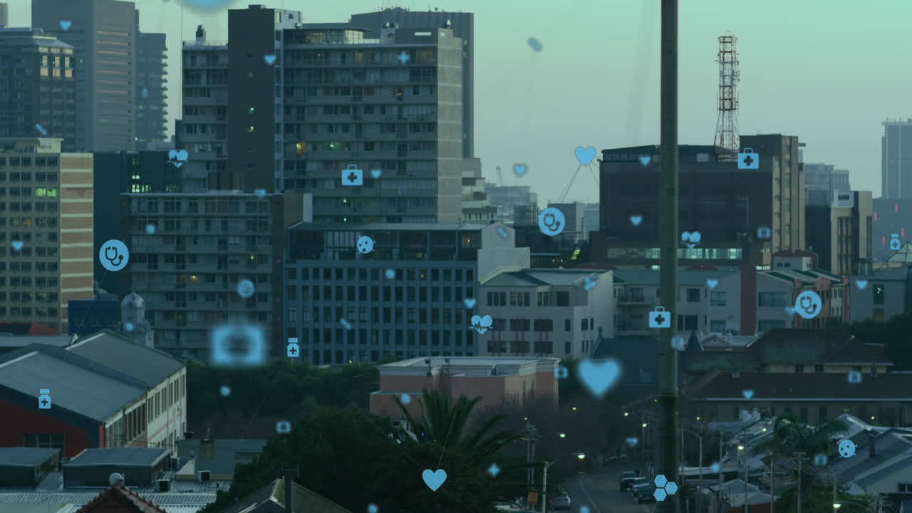 animación de la conexión y el procesamiento de datos sobre el paisaje urbano