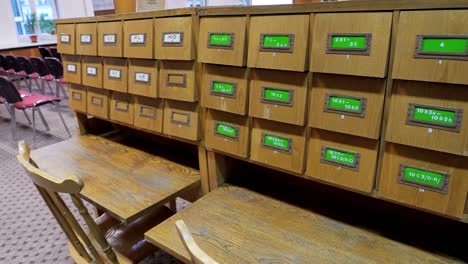 old brown wooden cabinets for cataloging books in a historic library