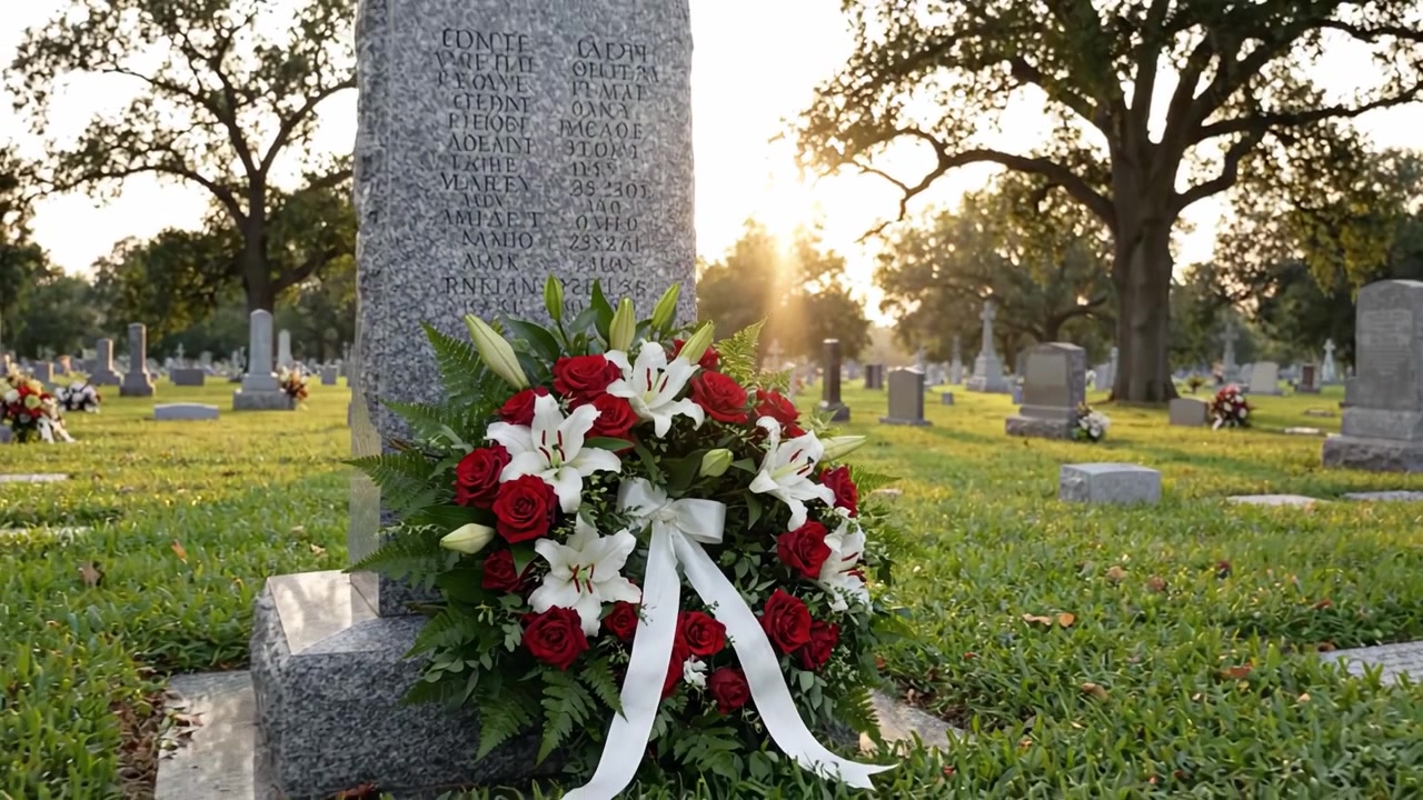 Un Sereno Tributo: Una Bellissima Corona Floreale di Rose Rosse e Gigli Bianchi Collocata in un Cimitero Pacifico al Tramonto, Simbolo di Amore e Ricordo