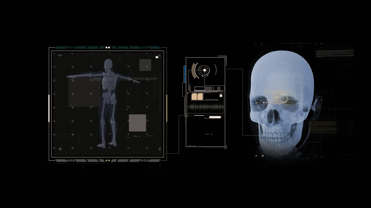 anatomía del cráneo holográfico y el esqueleto en el cuerpo humano en fondo negro con infografía