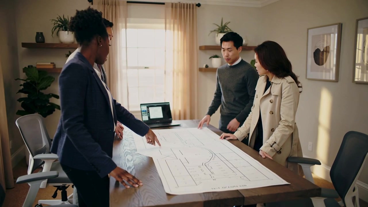 Pointing woman in dark blazer guiding team at table, reviewing floor plan with laptop for decision