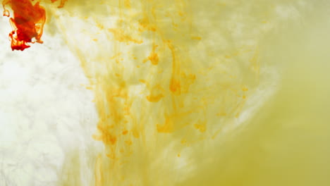pintura o tinte amarillo y naranja caído en el agua contra un fondo blanco para crear un fondo de humo de colores giratorios 3