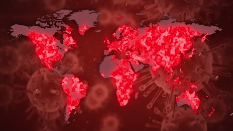 word covid-19 written with coronavirus cells spreading and world map on red background.