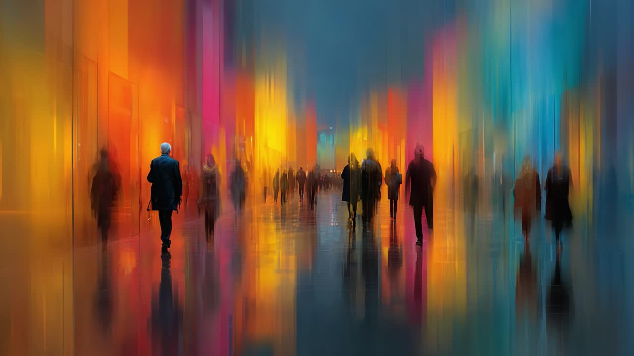 A Mystical Journey Through a Colorful Corridor: Silhouetted Figures Traverse a Vibrant Hallway Bathed in Multicolored Light and Reflections, Invoking a Sense of Wonder and Intrigue