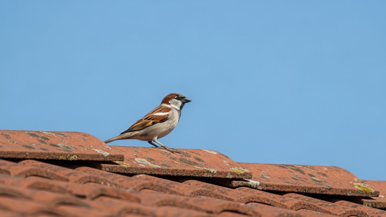 A Charming Sparrow Perched Gracefully on a Rustic Roof Under a Bright Blue Sky in Elegant Natural Habitat