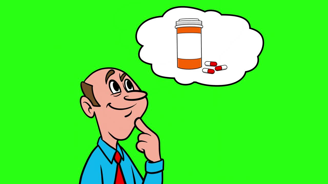 처방전 약에 대해 생각하는 남자 - 녹색 배경을 가진 4k 애니메이션.