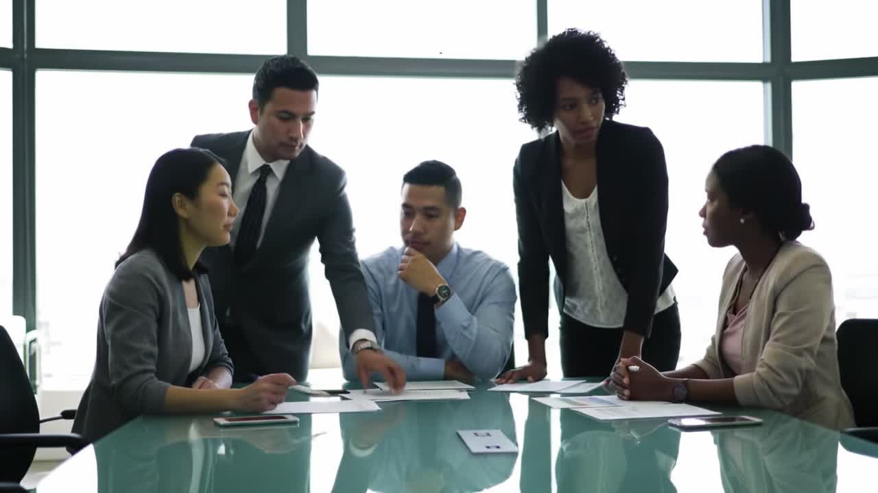 A Business Meeting Unfolding: Collaborating Professionals Engaged in Dynamic Discussions Around a Conference Table Surrounded by Large Windows
