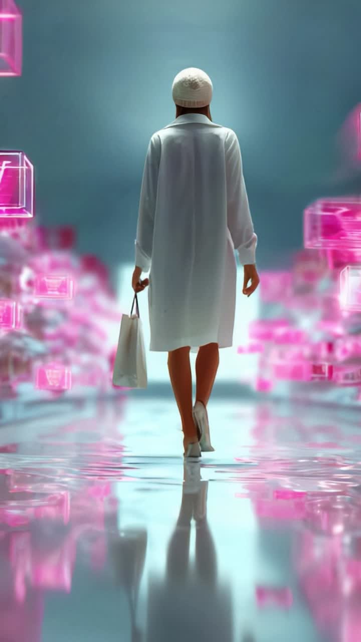 A Fashionable Journey: A Model Walks Forward in a Futuristic, Glowing Environment Surrounded by Abstract Pink Hues and Reflections, Exuding Confidence and Style