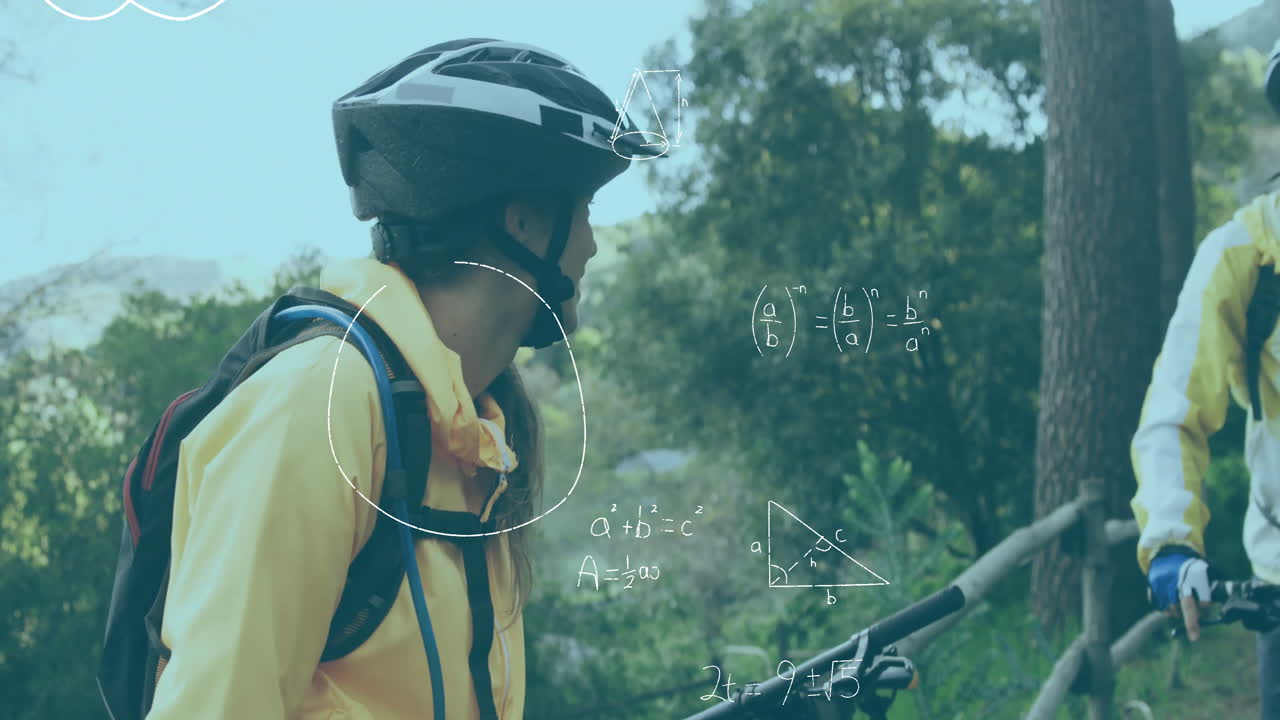 Two cyclists navigating wooded trail, overlaying math formulas and geometric diagrams for education