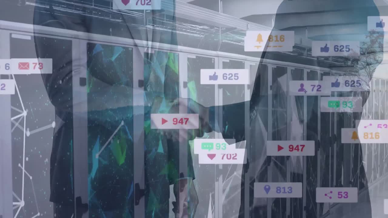 소셜 미디어 아이콘과 컴퓨터 서버에서 사업가의 악수 애니메이션
