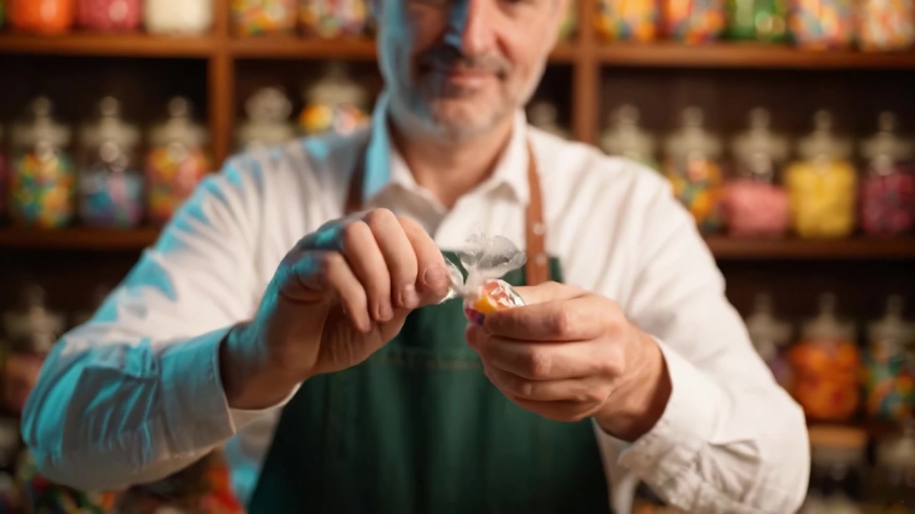 Un Allegro Confettiere Scarta una Caramella Tra un'Esposizione Colorata di Barattoli Pieni di Dolci Assortiti in un Incantevole Negozio di Dolciumi.