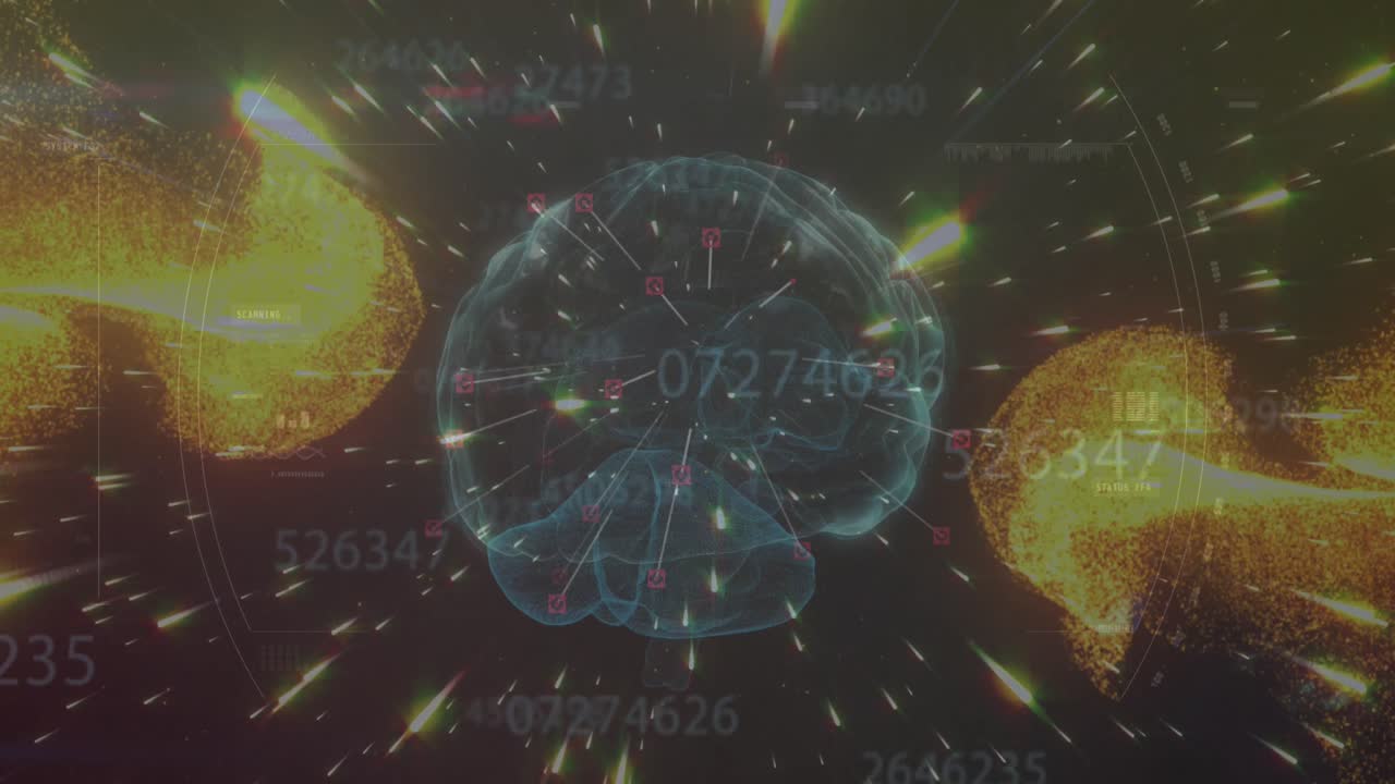 빛나는 노란색 입자와 불빛을 통해 뇌와 데이터 처리의 애니메이션