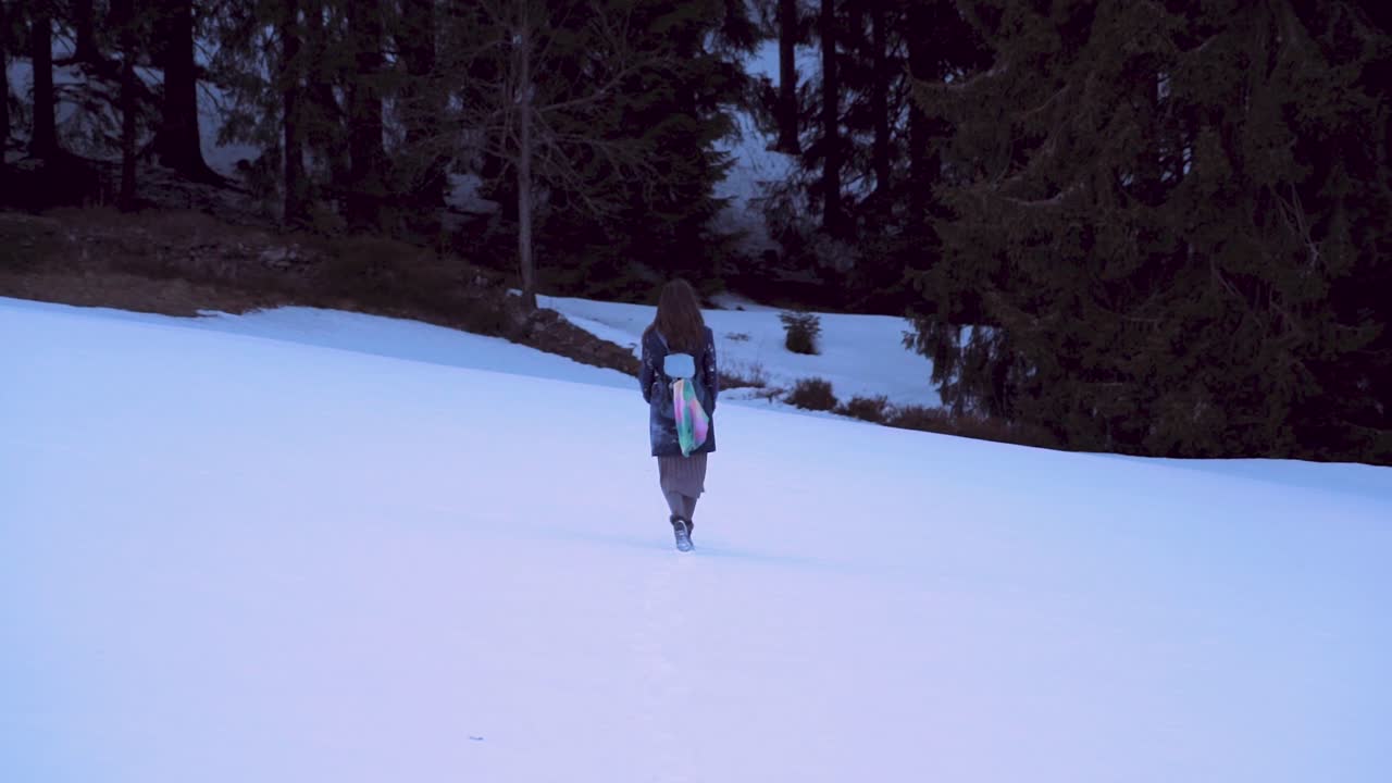 Brunette woman walks through snow towards pine forest, behind, dark scene, slow