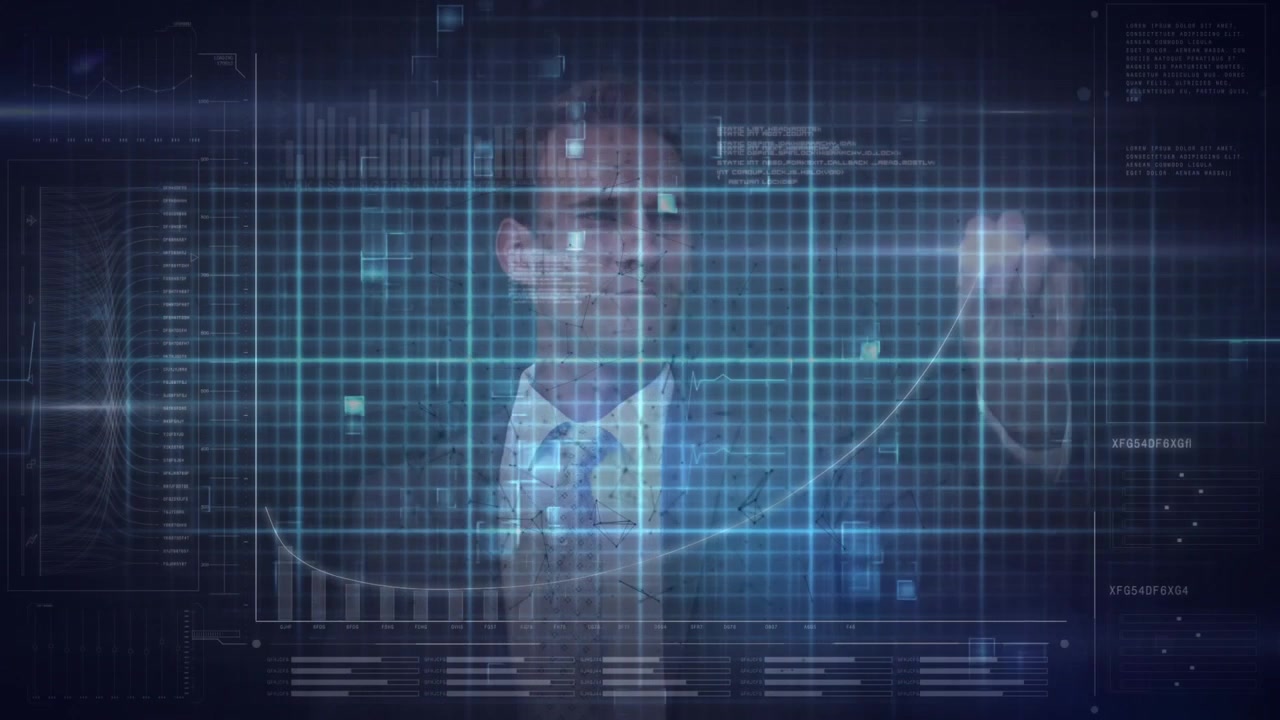 Animasjon av lysflekker og databehandling over hvit forretningsmann på svart bakgrunn