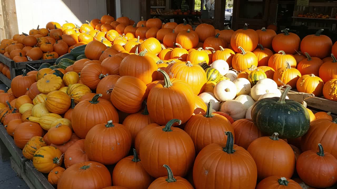 A Vibrant Display of Varied Pumpkins in a Rustic Market Setting, Showcasing Their Bright Orange Hues and Unique Shapes Against a Sunlit Background