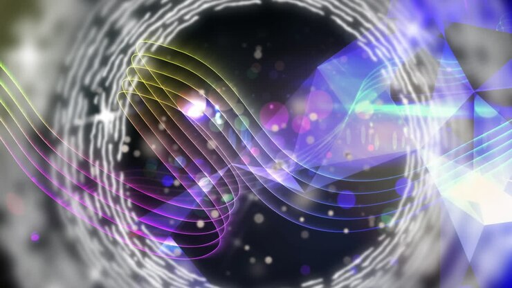 Animation of white rings, multi coloured music stave, lights and purple shapes on black background