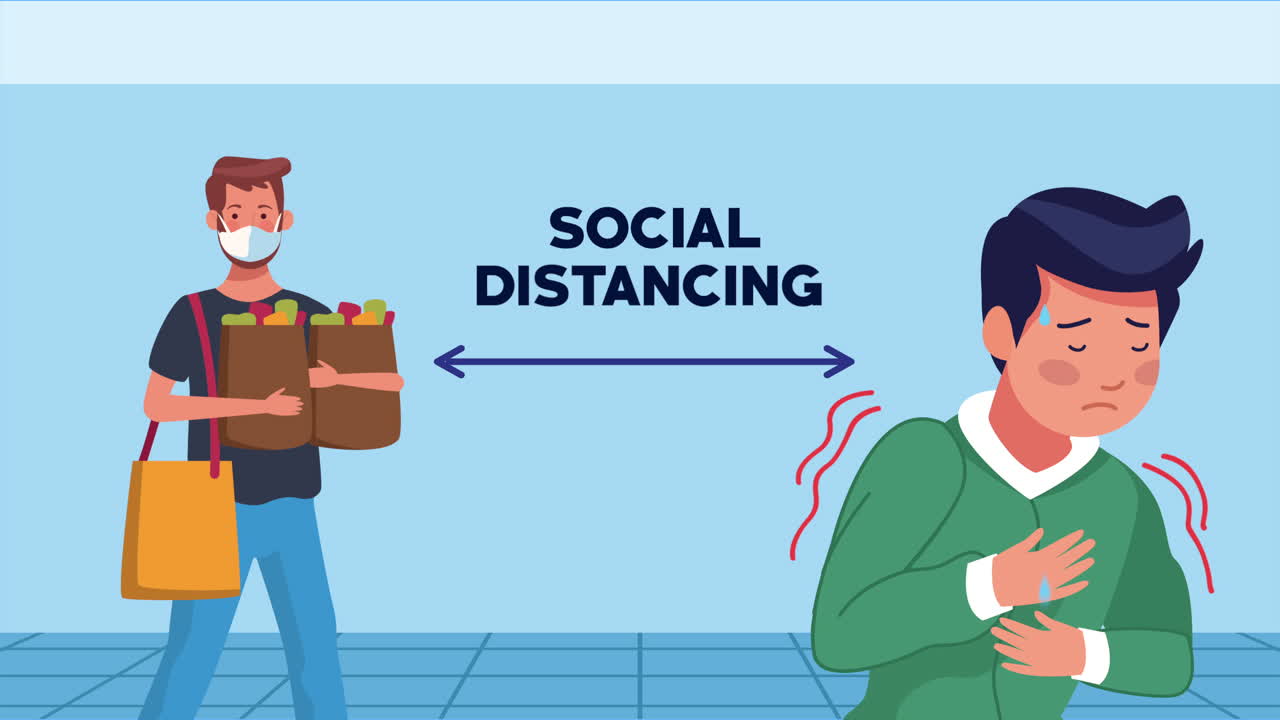 social distancing campaign with person sick and man lifting shopping bags
