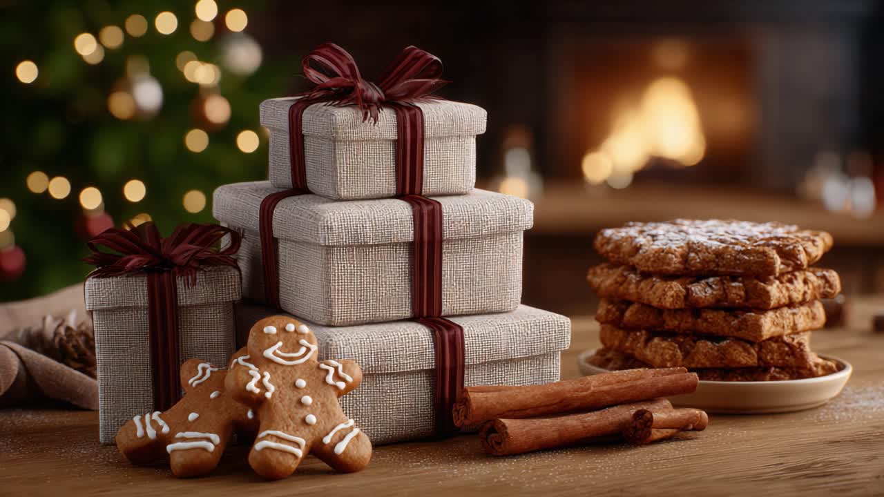 A Festive Gathering of Delicious Gingerbread Cookies and Elegant Gift Boxes with Warm Holiday Ambiance and Soft Lights Enhancing the Joyful Atmosphere